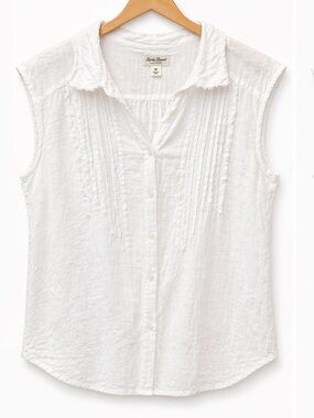 Lucky Brand White Sleeveless Button-Front Linen Top with Pintuck Detail | Size M